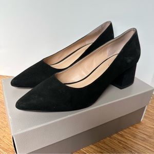 Franco Sarto Black Suede Callan Pointed Toe Block Heel Pumps